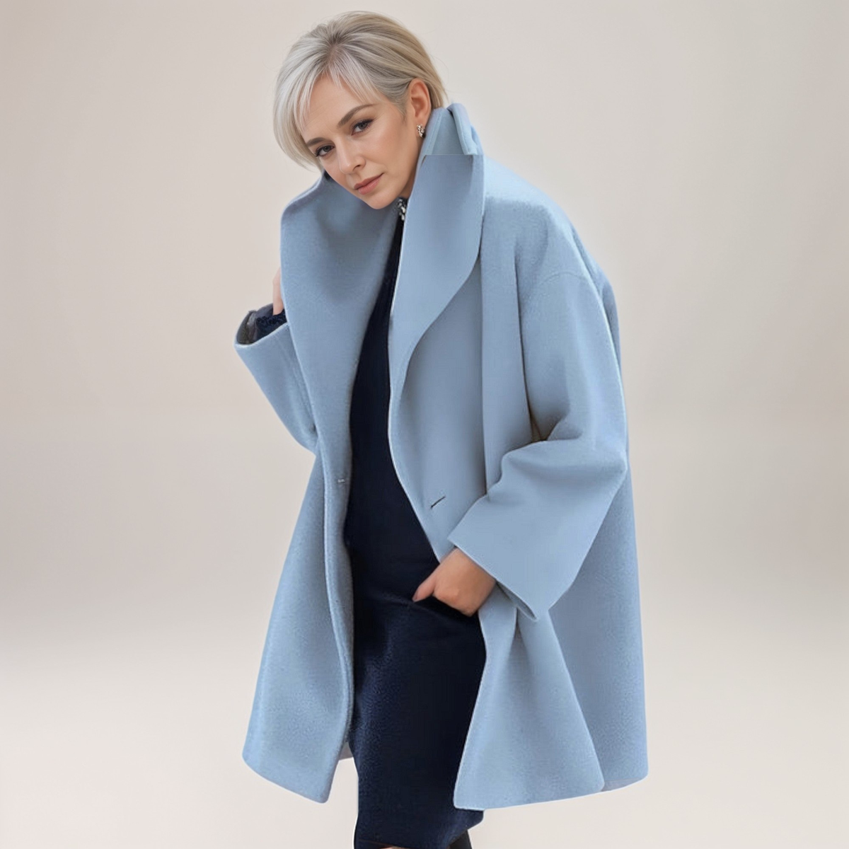 Light blue long coat with a dramatic oversized collar, relaxed shape, and wide long sleeves worn over a dark outfit.