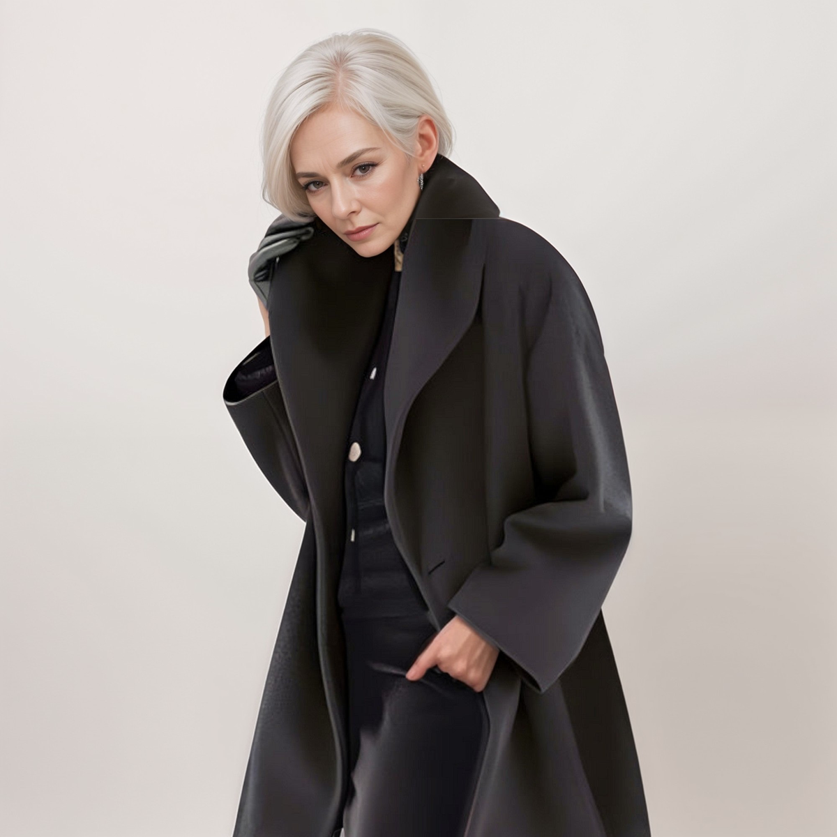 Black long coat styled with its oversized collar raised around the neck and a relaxed, layered silhouette.