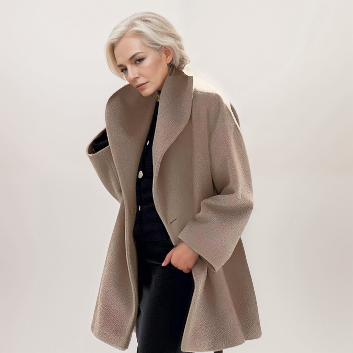 Taupe longline coat shown from a slightly angled view, highlighting the large rounded collar and flared lower shape.