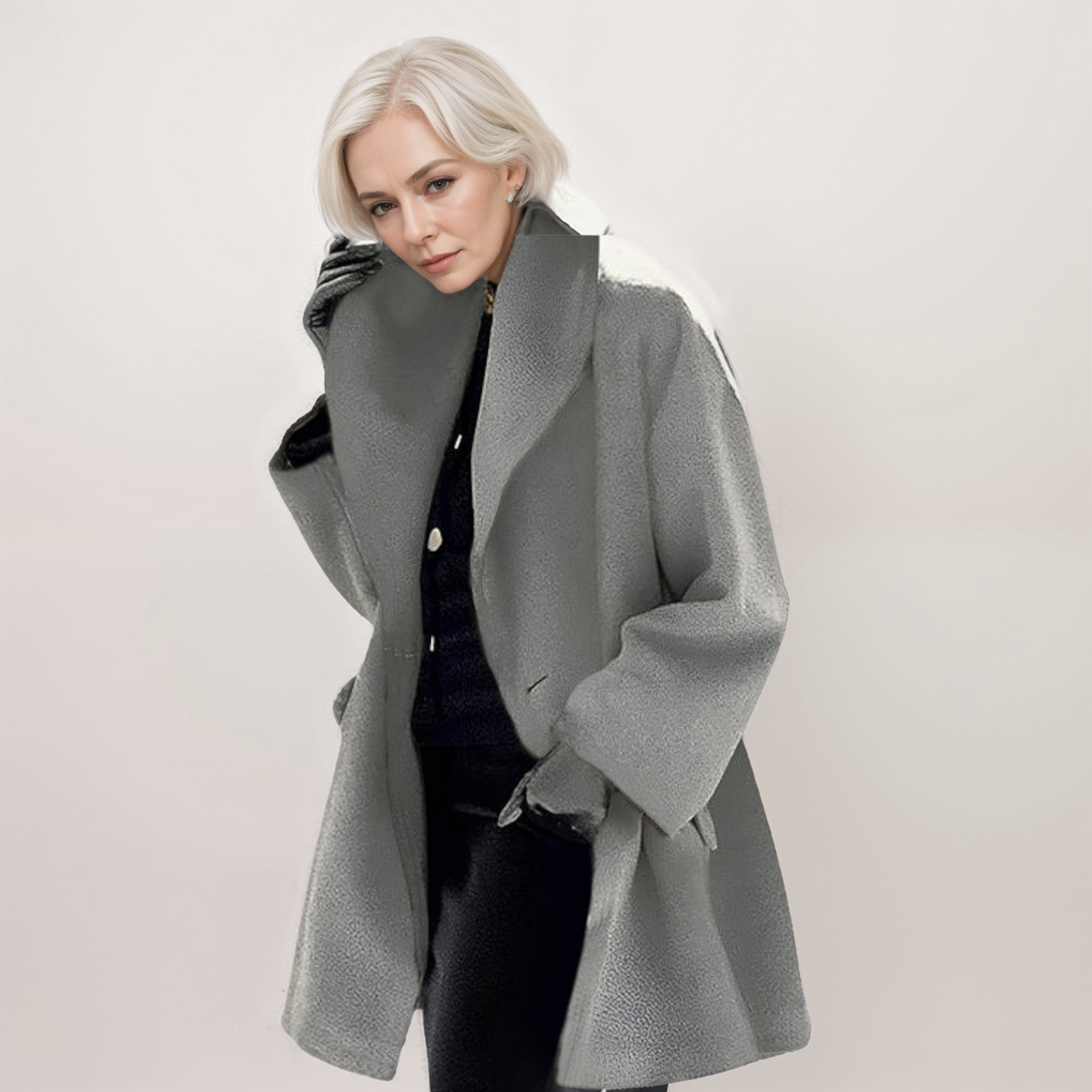Gray oversized-collar coat with long sleeves and a clean open front, shown with the wearer’s hands near the front pockets.