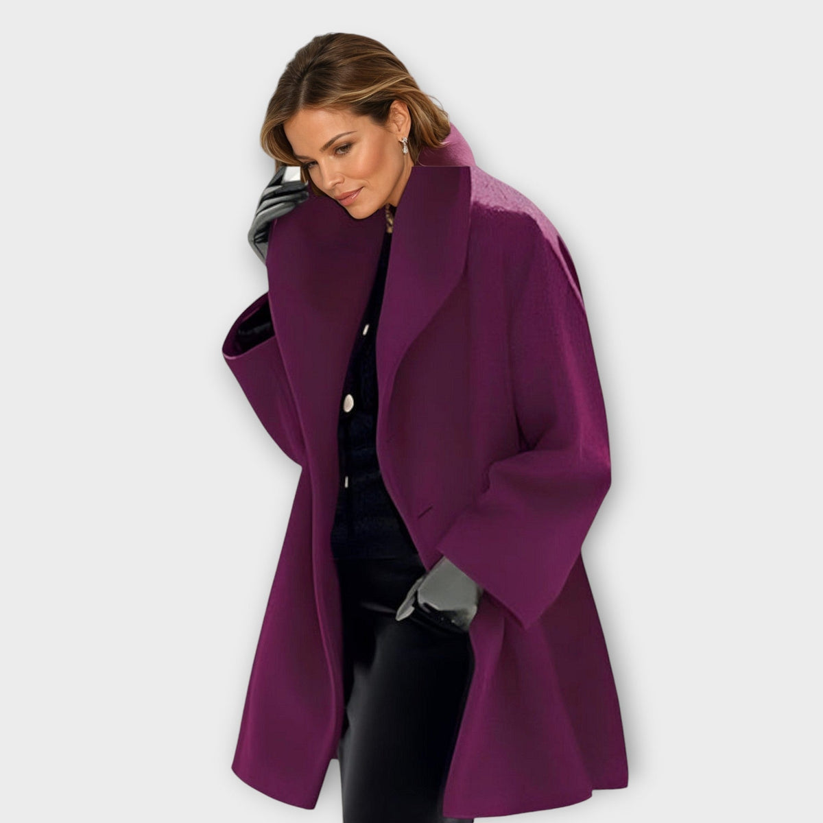 Deep purple long coat with a prominent folded collar, loose sleeves, and a gently flared hem.