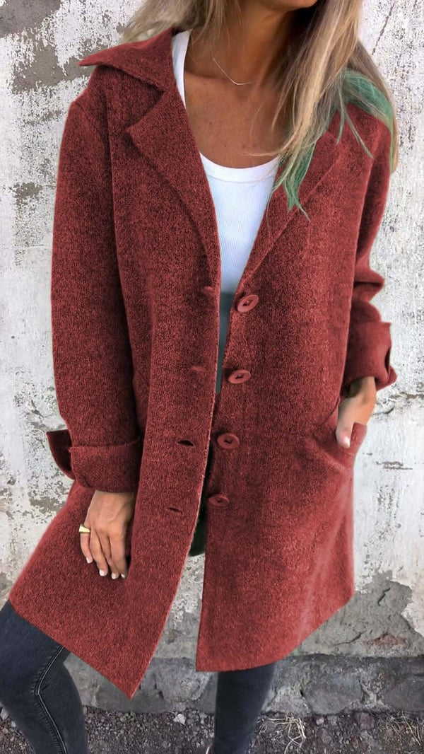 Deep red longline button-front blazer jacket displaying its notched lapels, extended hem, and front pocket openings.