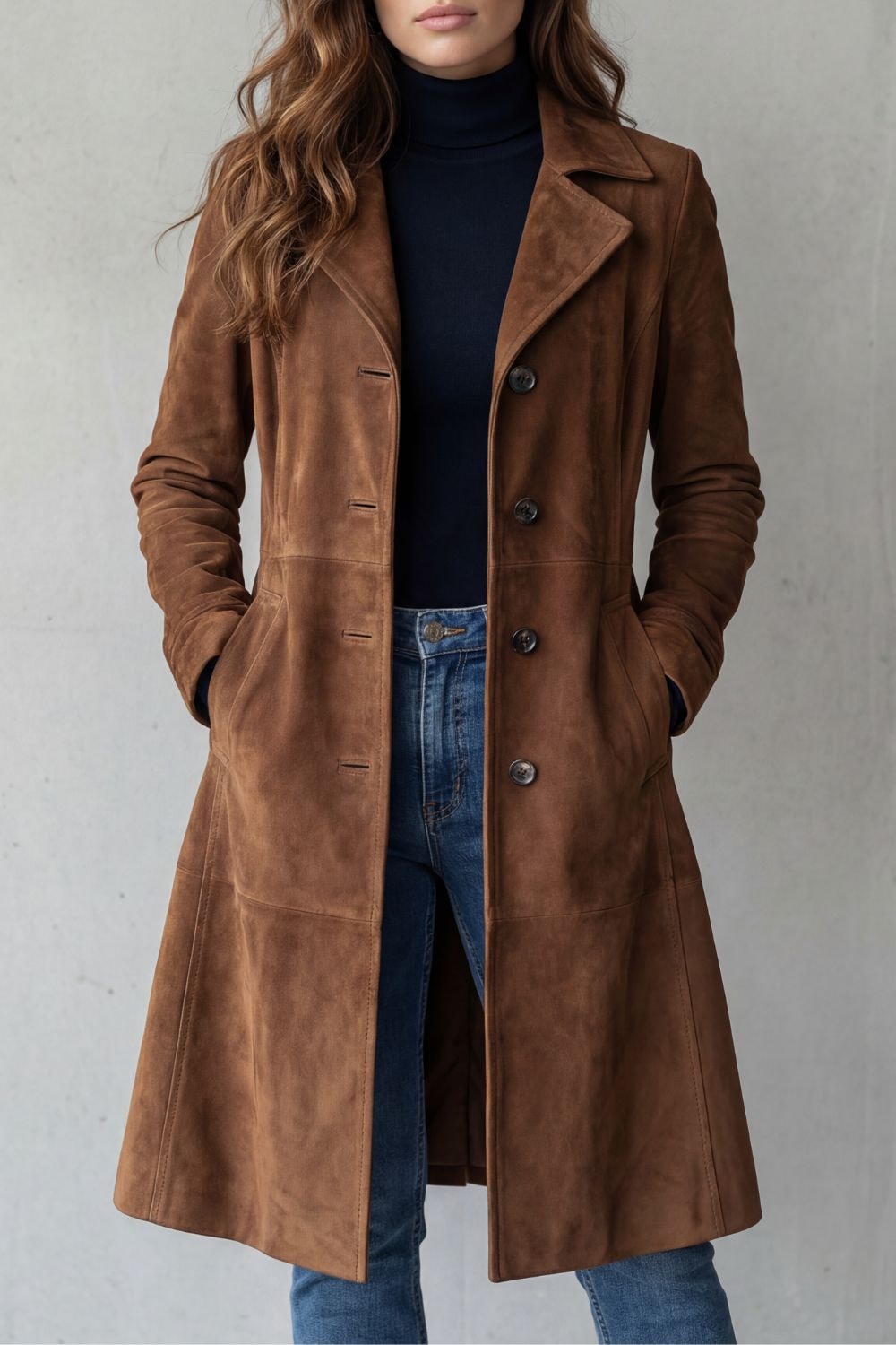 Brown longline coat shown from the front with a notched collar, button front, side pockets, and vintage-style finish.