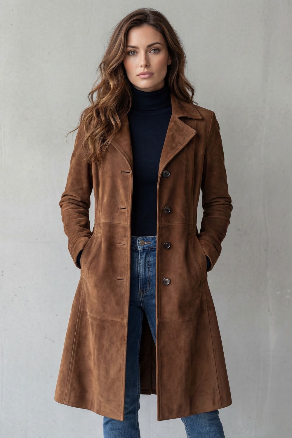 Full front view of the brown longline coat, showing its tailored shape, structured notched collar, and practical side pockets.