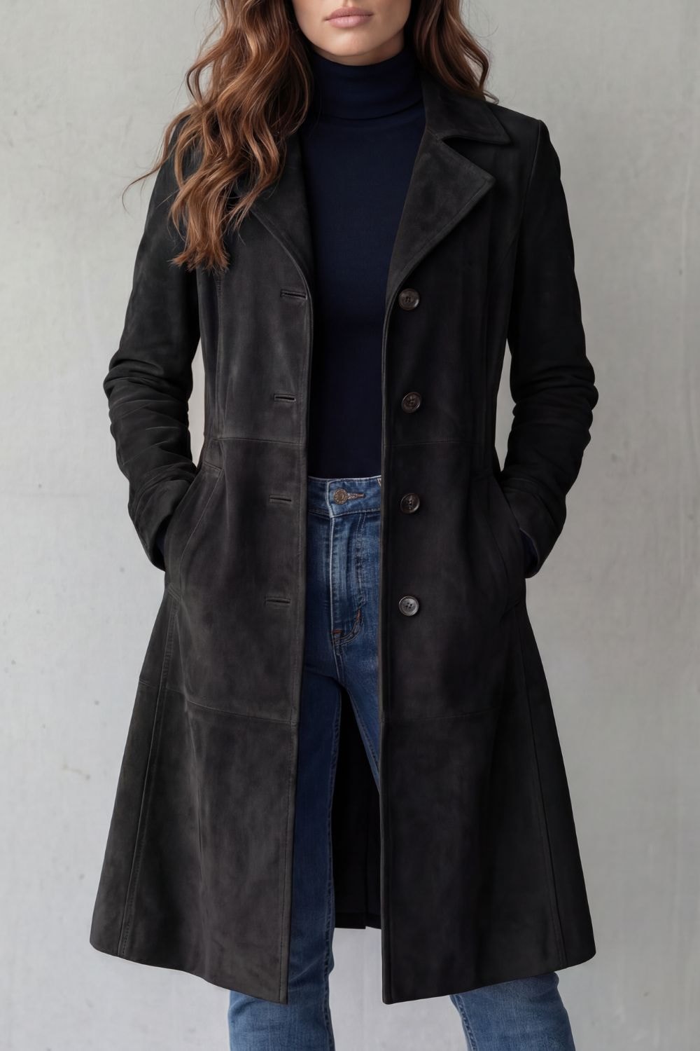 Black version of the longline coat displayed from the front with a notched collar, button closure, and side pockets.