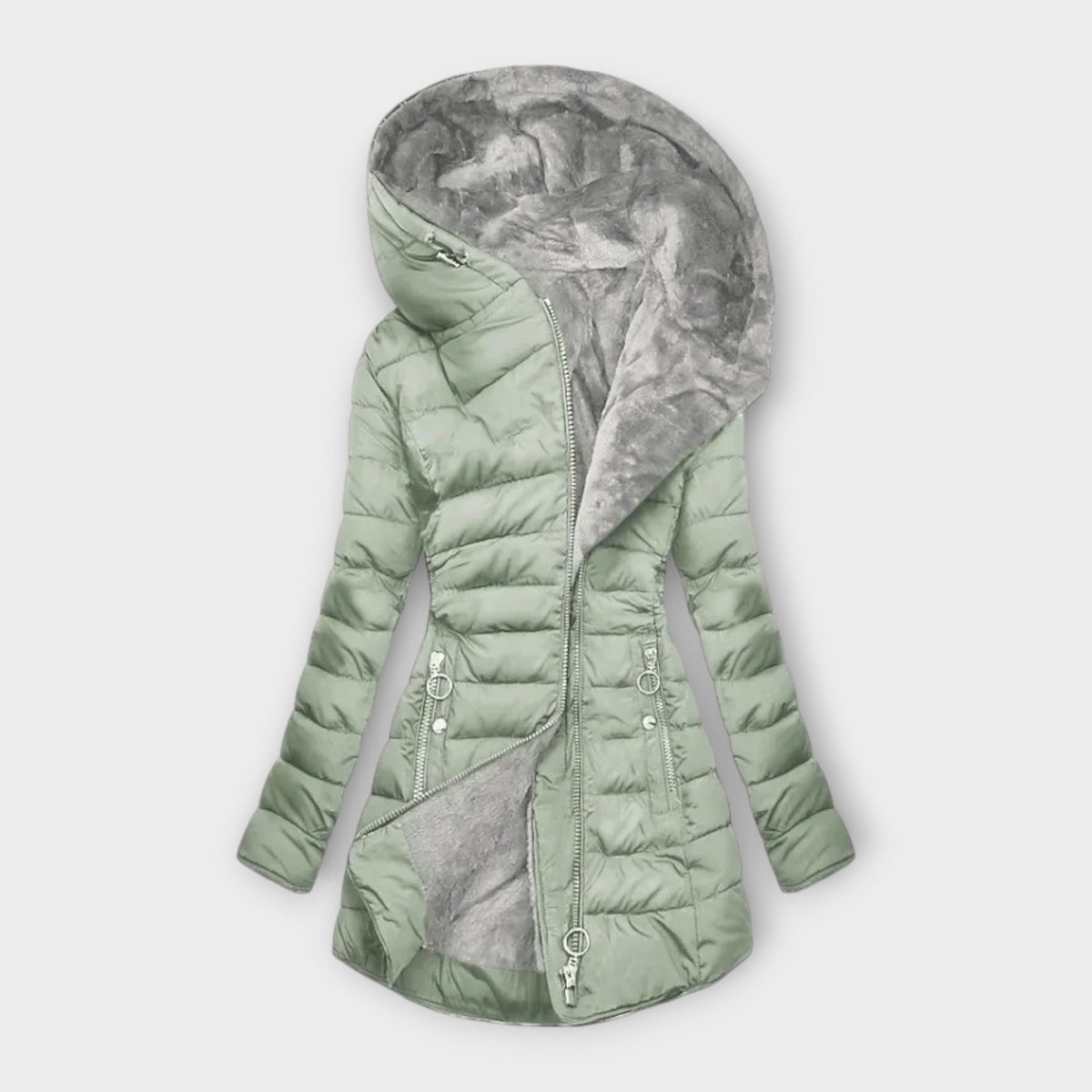 Sage green longline hooded puffer jacket with a gently fitted shape, oversized grey-lined hood, front zip, and two zipped pockets.