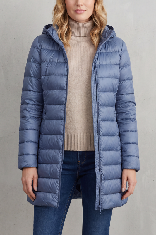 Blue longline hooded puffer jacket shown partially unzipped over a beige sweater, highlighting the quilted front and extended hem.