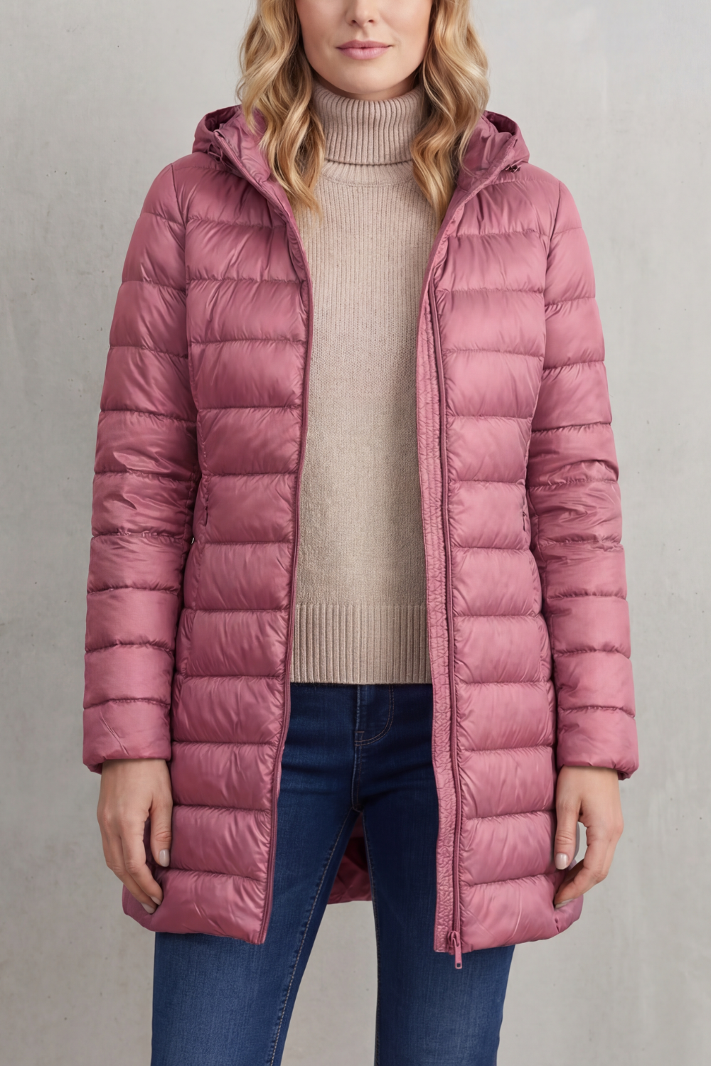 Dusty pink longline hooded puffer jacket shown partially unzipped, with horizontal quilting and a softly glossy finish.