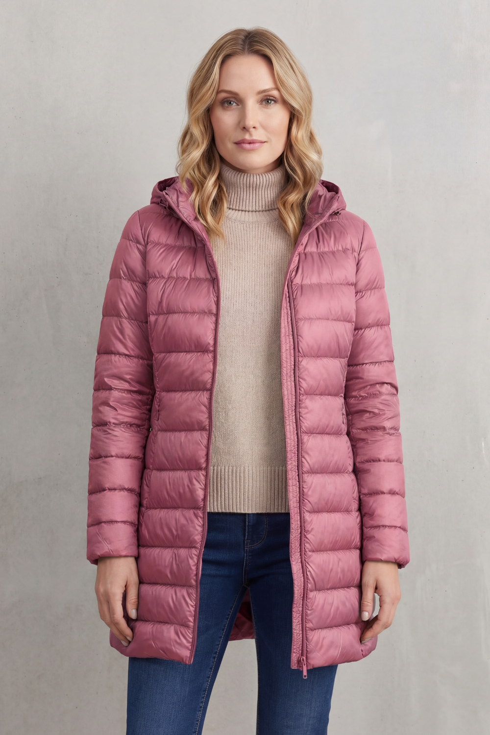Front view of the dusty pink hooded puffer jacket worn open, showing the extended hem and streamlined quilted shape.