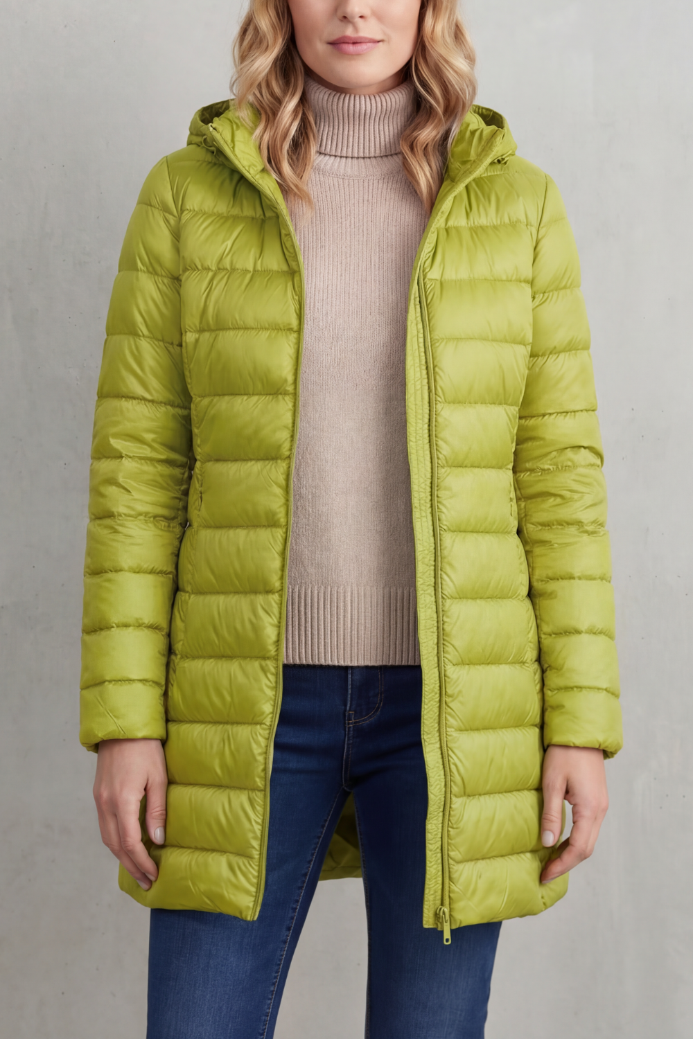 Lime green longline hooded puffer jacket shown open over a beige sweater, highlighting the horizontal quilted sections.