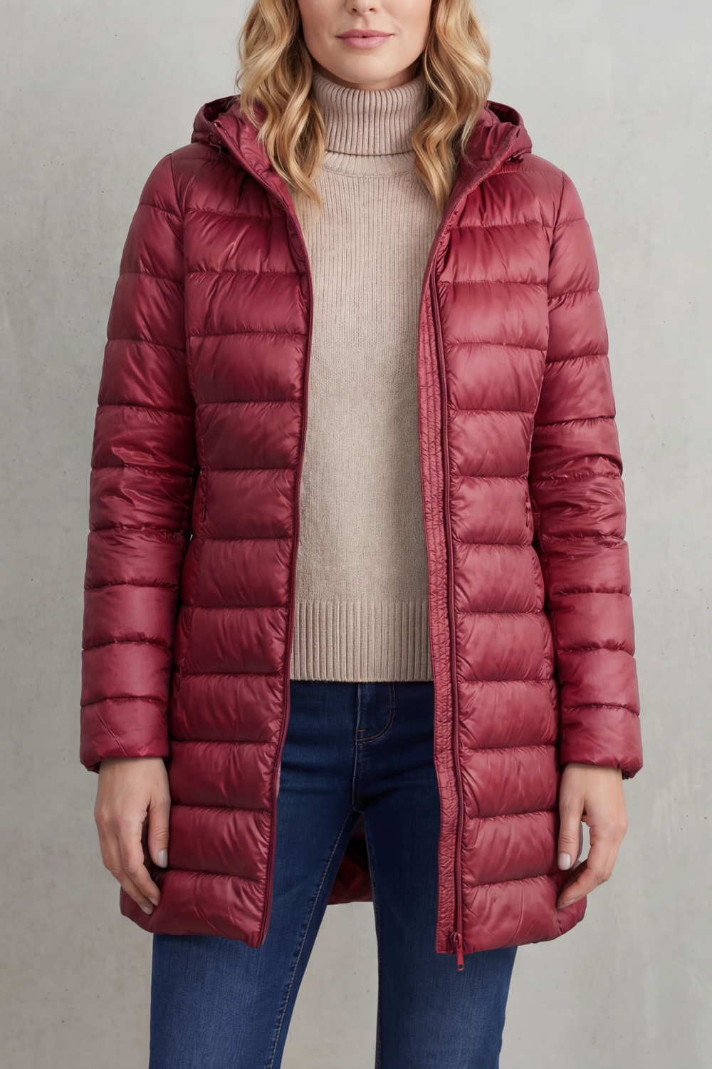 Deep burgundy longline hooded puffer jacket shown open, displaying its quilted panels and extended coverage.