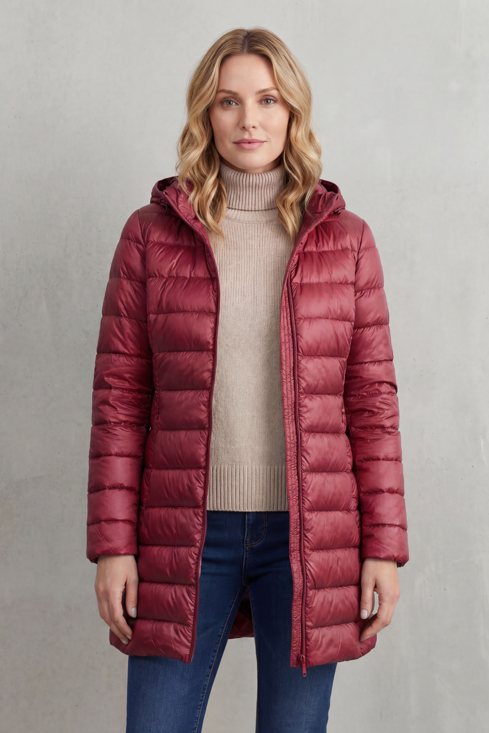 Front view of the deep burgundy hooded puffer jacket worn open over a sweater, emphasizing its long streamlined silhouette.
