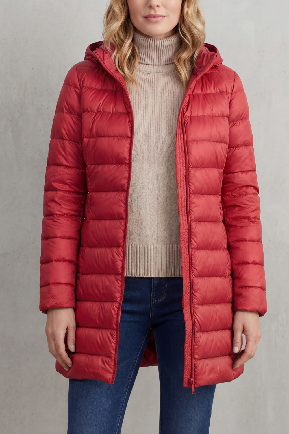 Red longline hooded puffer jacket shown partially unzipped, with horizontal quilting and a long hemline.