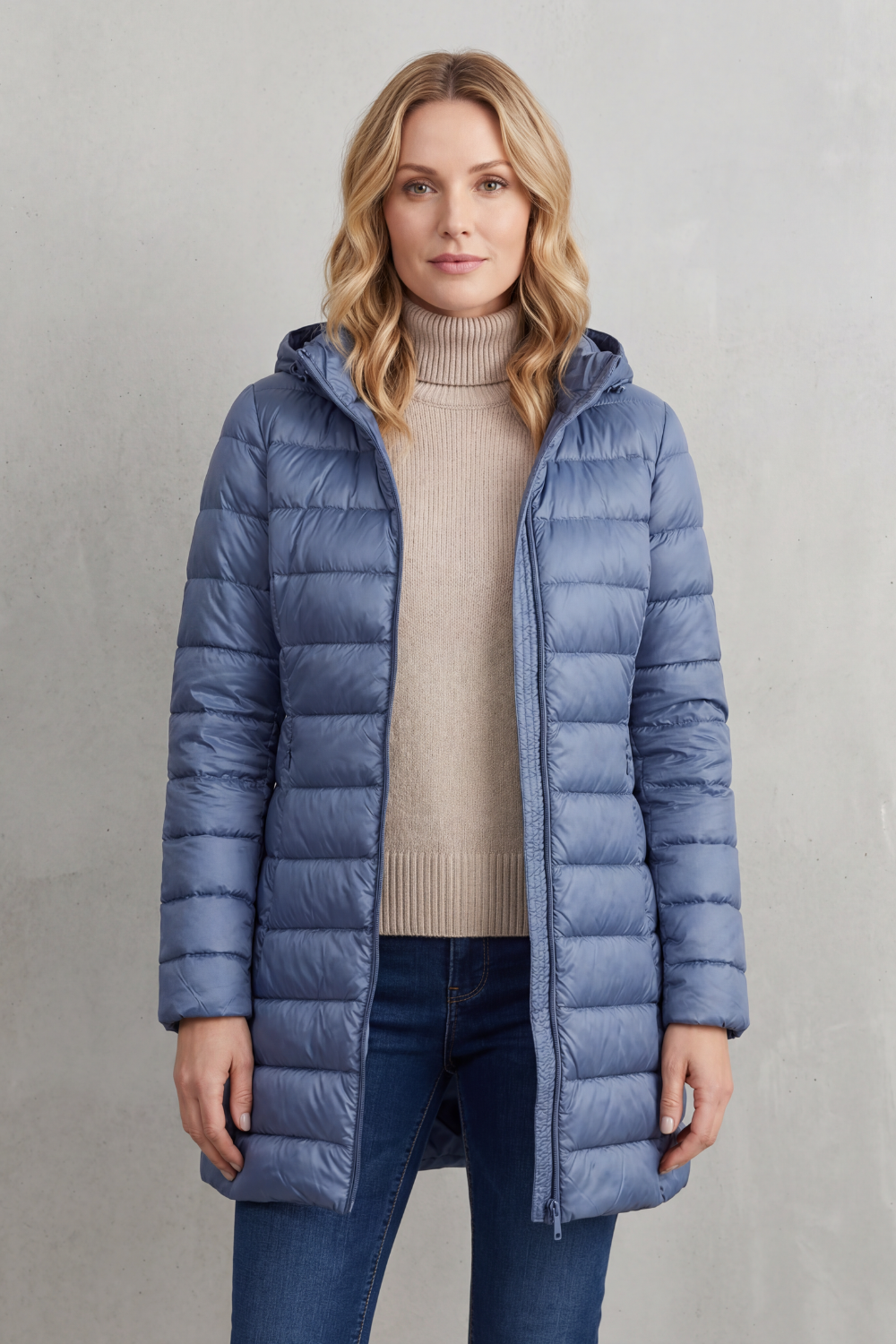 Front view of the blue hooded puffer jacket worn fully open, showing its long streamlined shape and horizontal quilting.