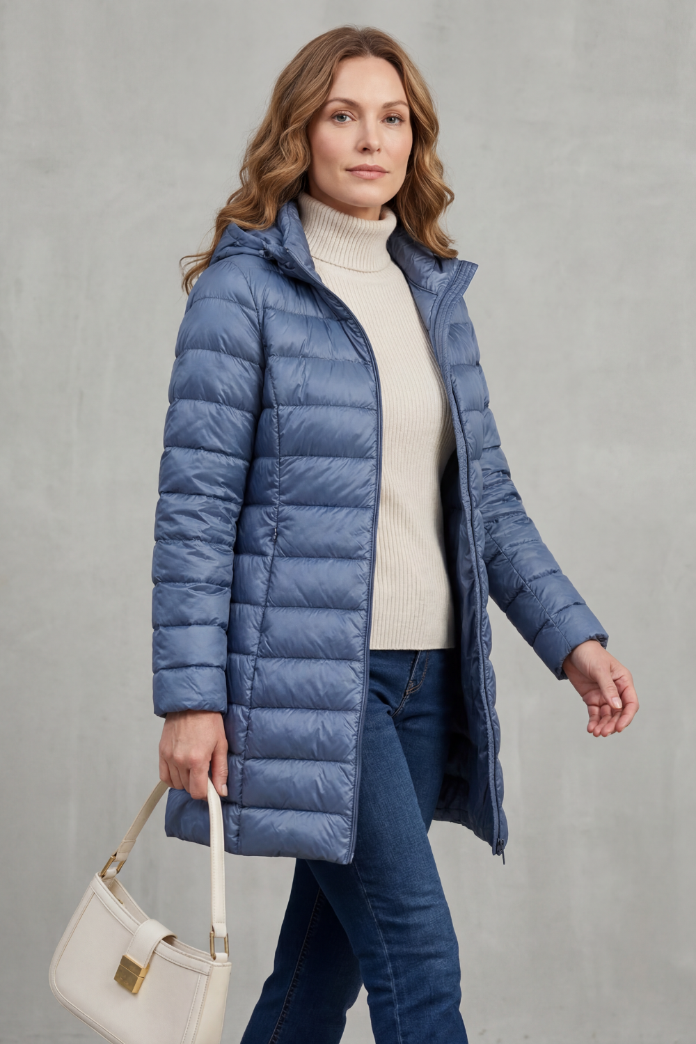 Angled view of the blue longline puffer jacket with its hood and open front, styled with jeans and a small handbag.