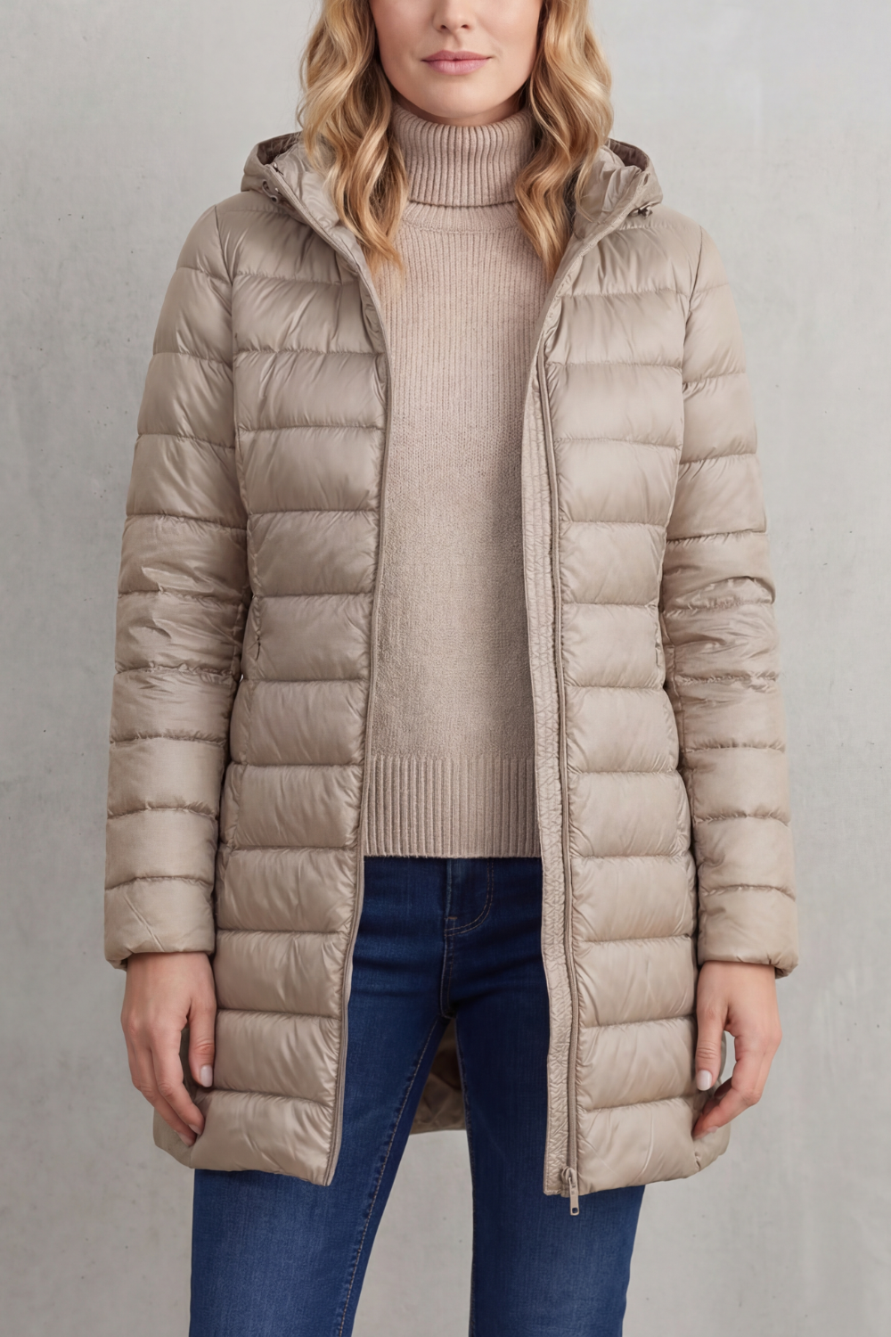 Beige longline hooded puffer jacket shown partially unzipped, with horizontal quilting and a long hem.