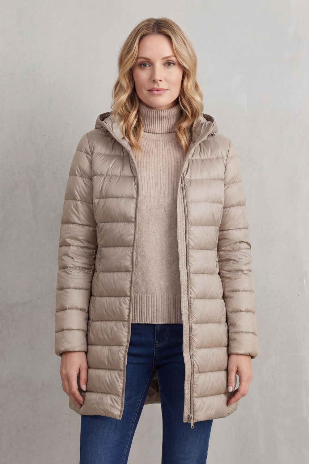 Front view of the beige hooded puffer jacket worn open over a sweater, displaying its streamlined longline fit.