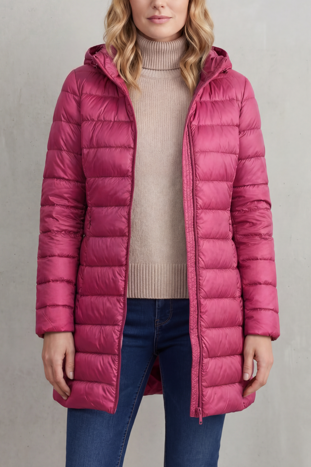 Bright pink longline hooded puffer jacket shown open over a beige sweater, highlighting its quilted construction.