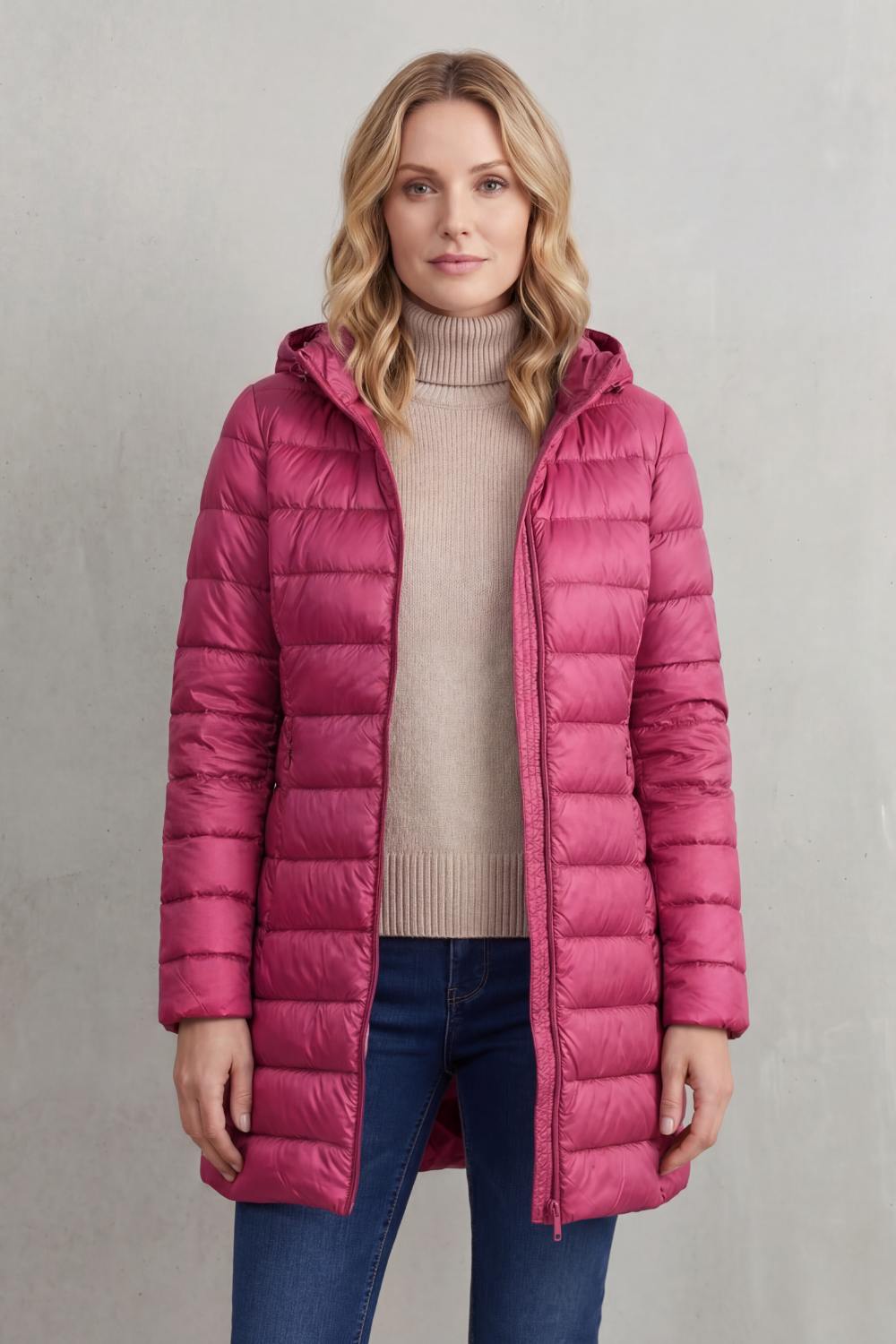 Front view of the bright pink hooded puffer jacket with its long silhouette, horizontal quilting, and open zipper.
