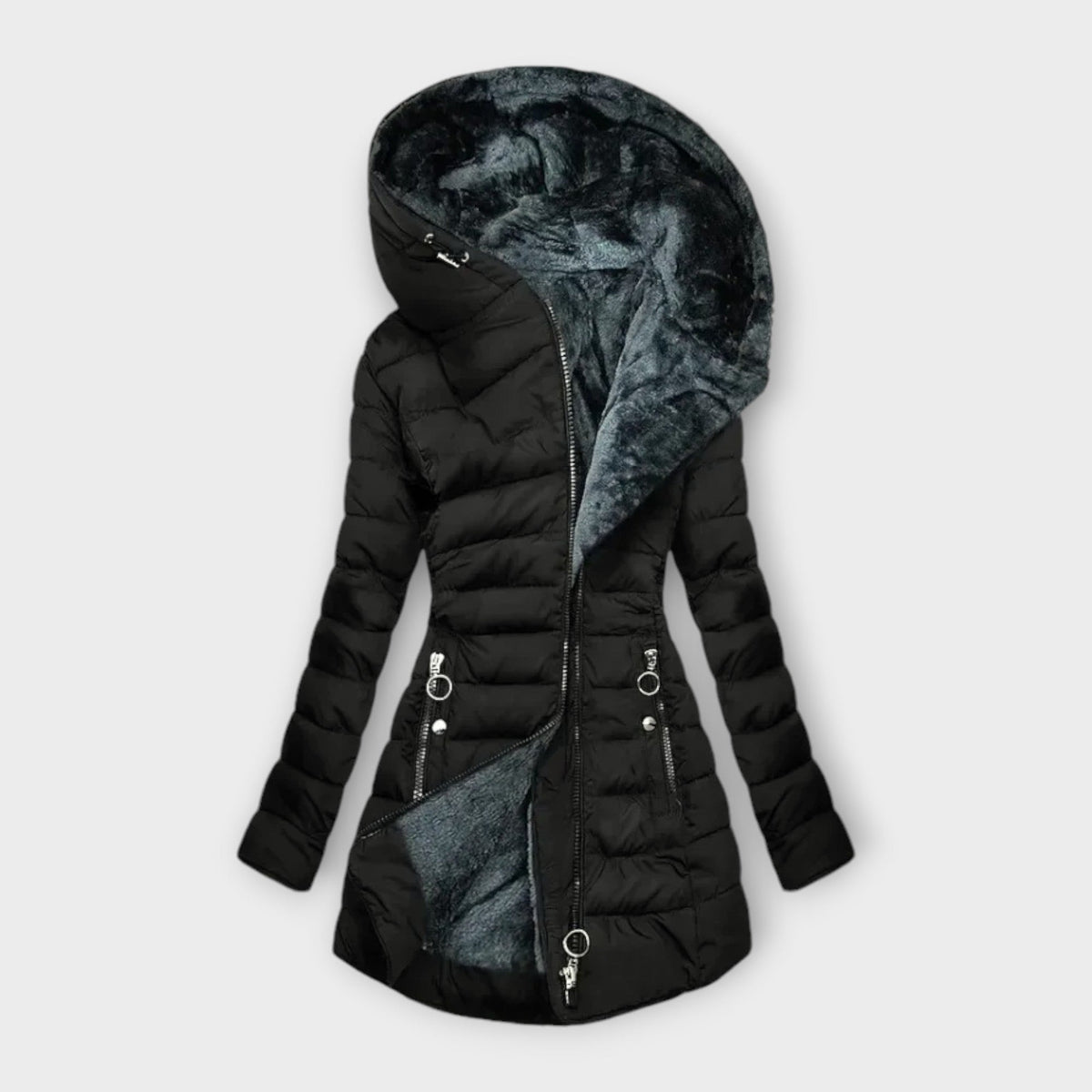 Black longline puffer jacket featuring a large dark-lined hood, quilted sleeves, front zip closure, and zipped pockets.