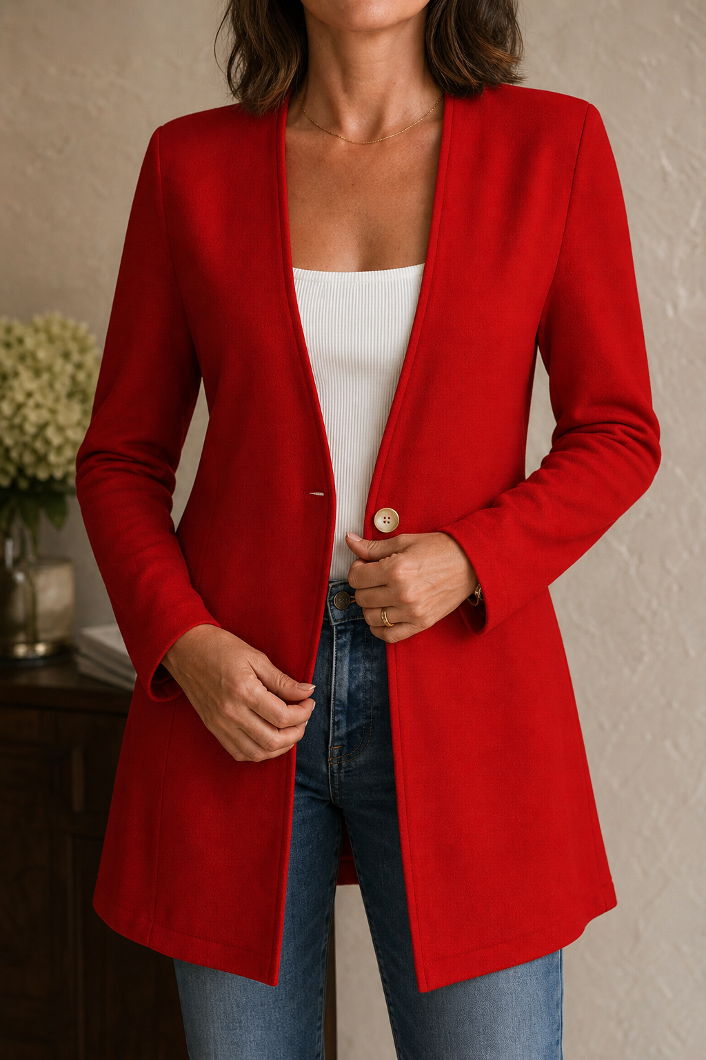 Red longline single-button blazer worn open over a white top and jeans, shown from the front.