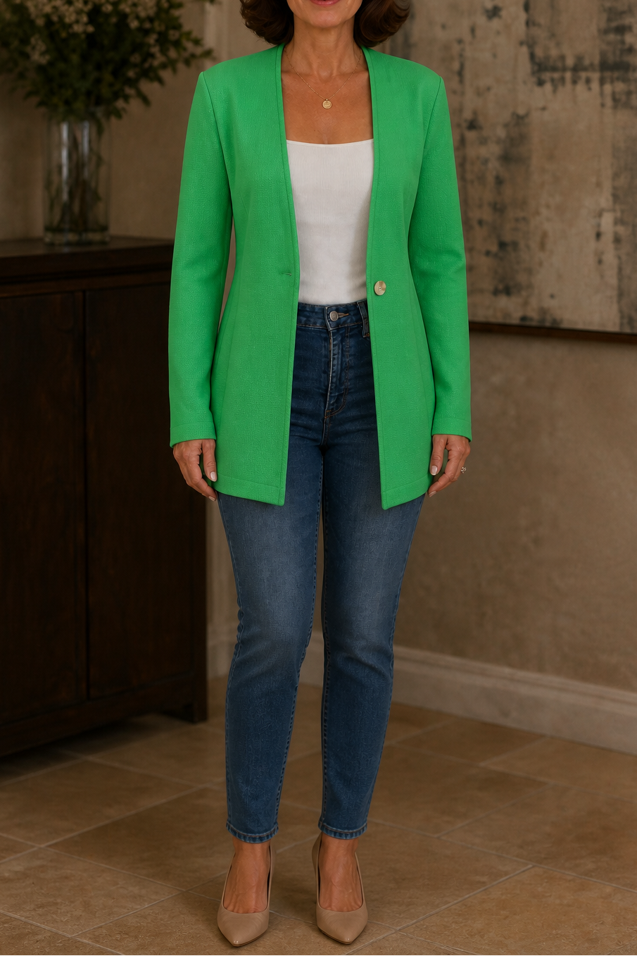 Green longline blazer worn over a white top and jeans, shown in a full-length front view.