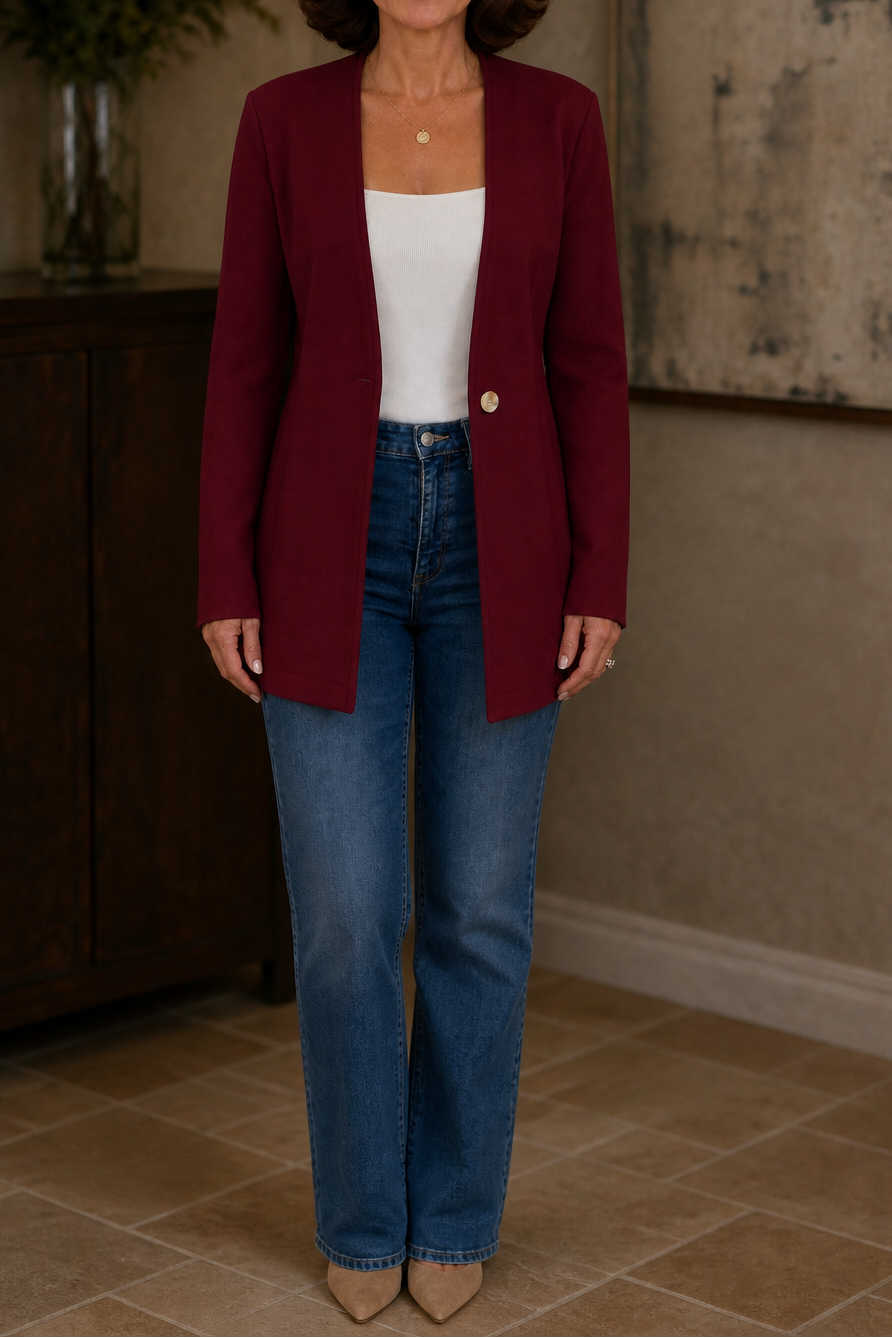 Deep burgundy longline blazer worn over a white top and jeans in a full-length front view.