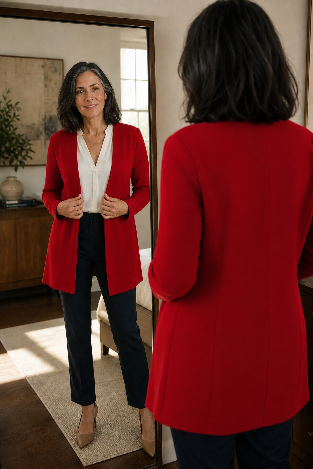 Front and back views of a red below-hip blazer with long sleeves and a single-button closure.
