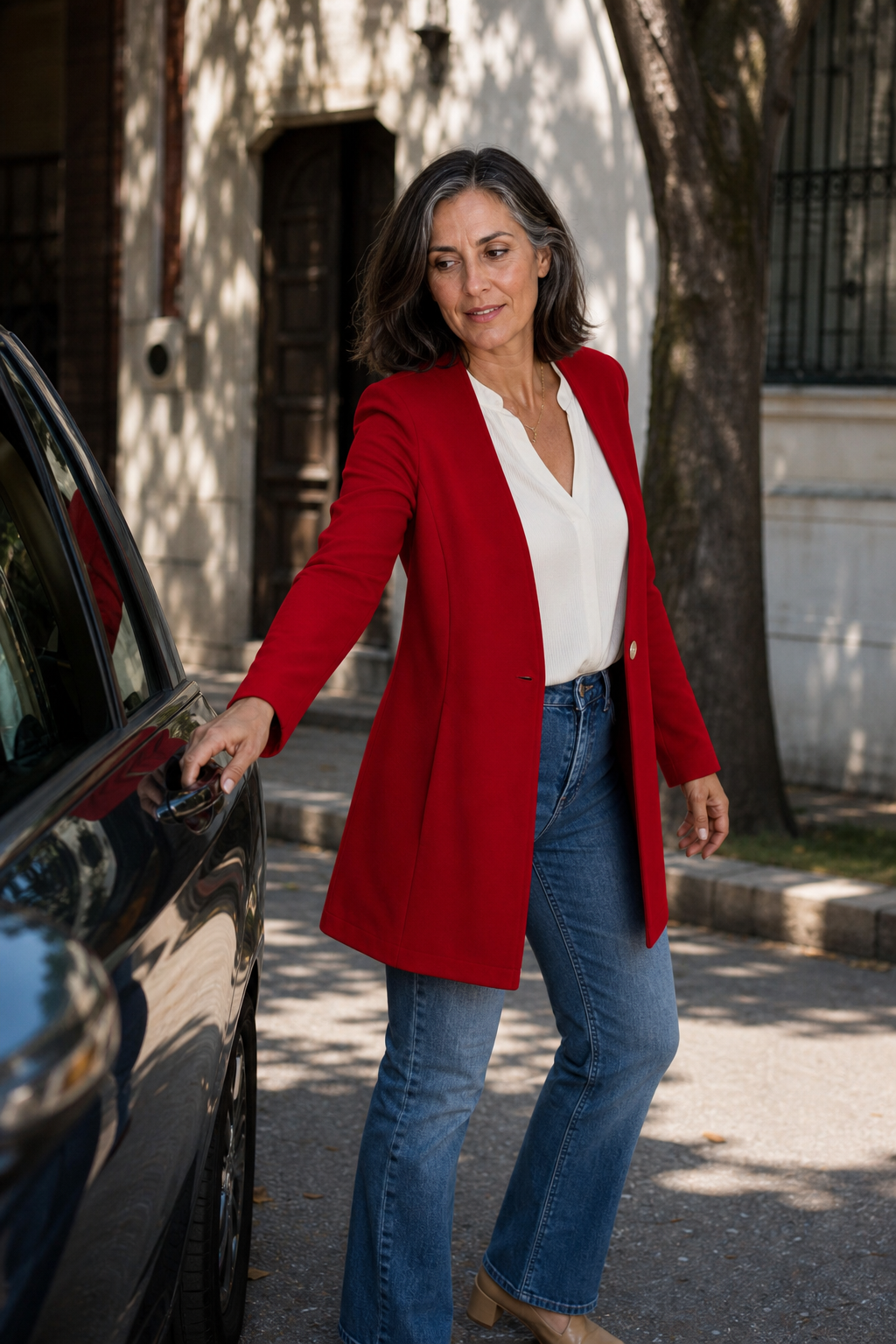 Red longline blazer styled with a white blouse and jeans as the wearer reaches toward a car door.