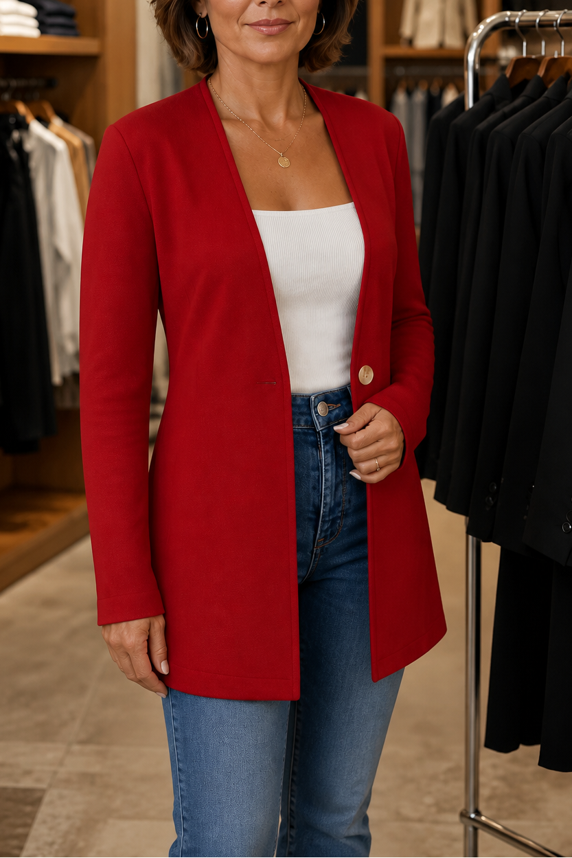 Red longline blazer shown in a boutique, worn over a white top and blue jeans with the button fastened.