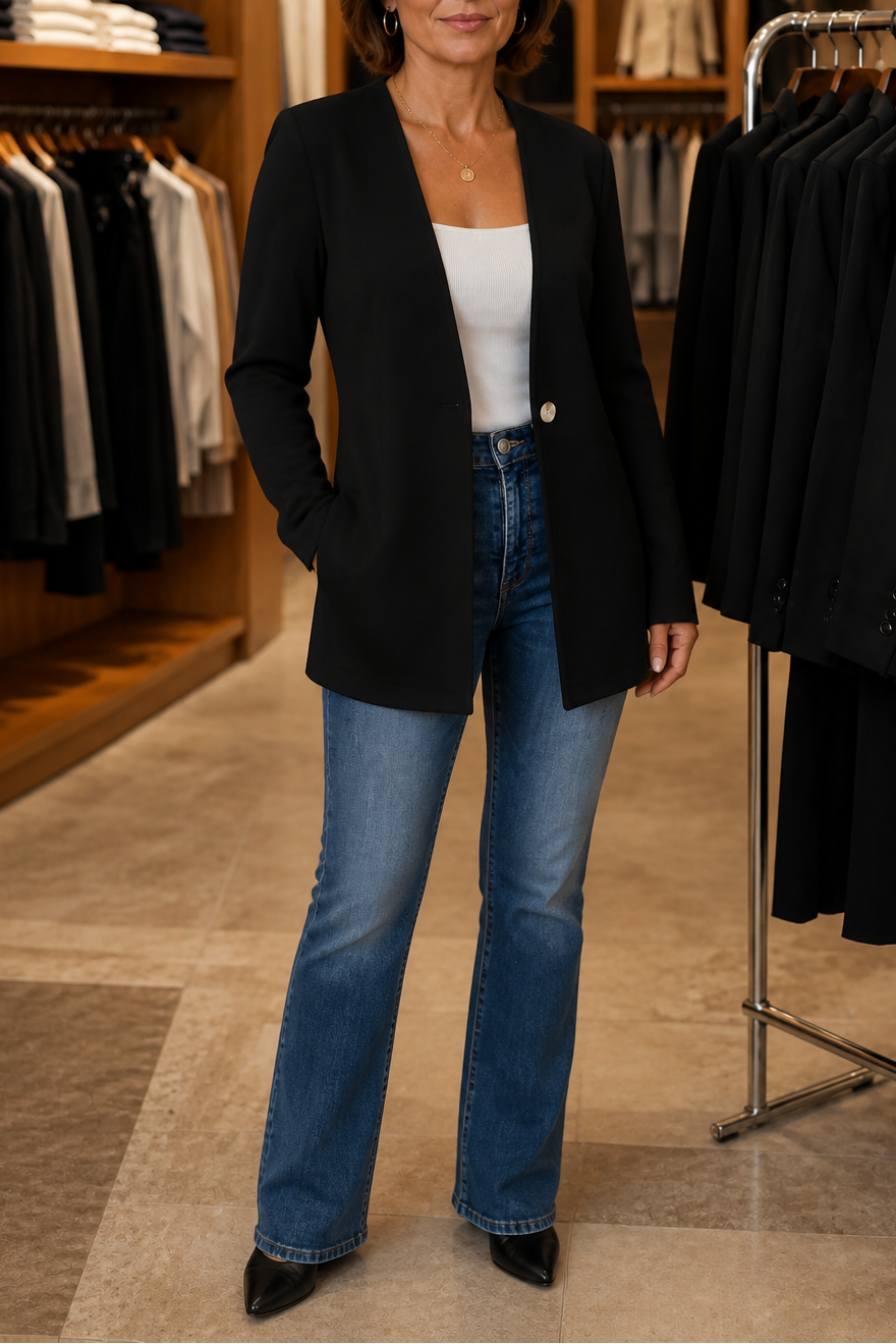 Black version of the longline single-button blazer worn over a white top and jeans in a boutique.