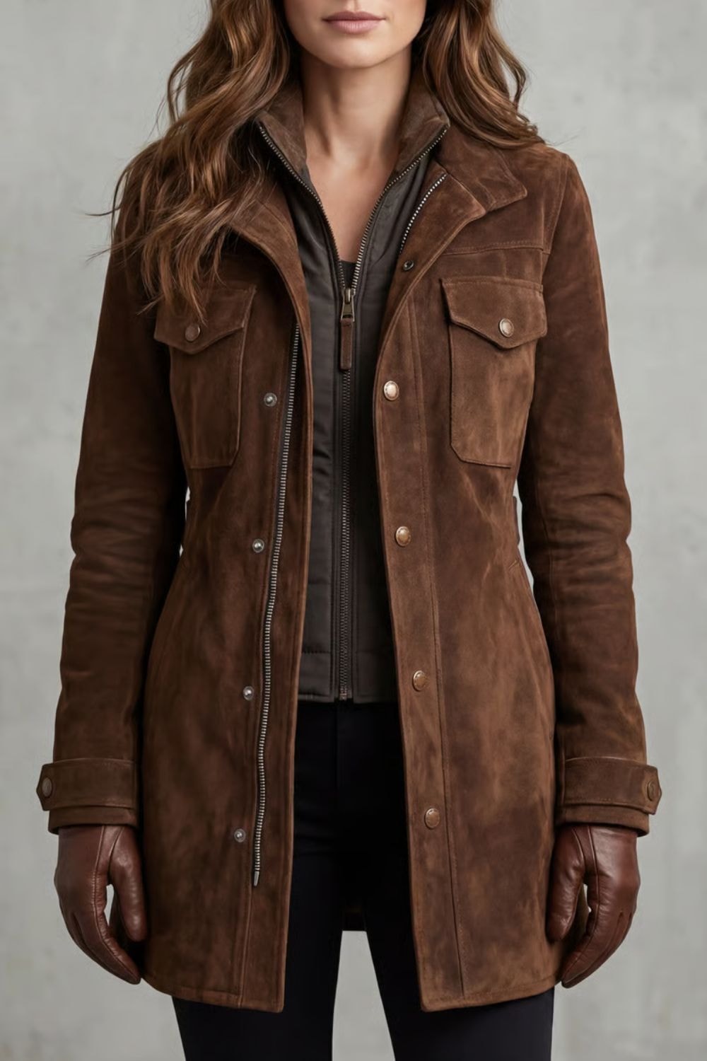 Front view of a brown longline suede-look utility coat with a high collar, front closure, flap chest pockets, and adjustable cuff tabs.