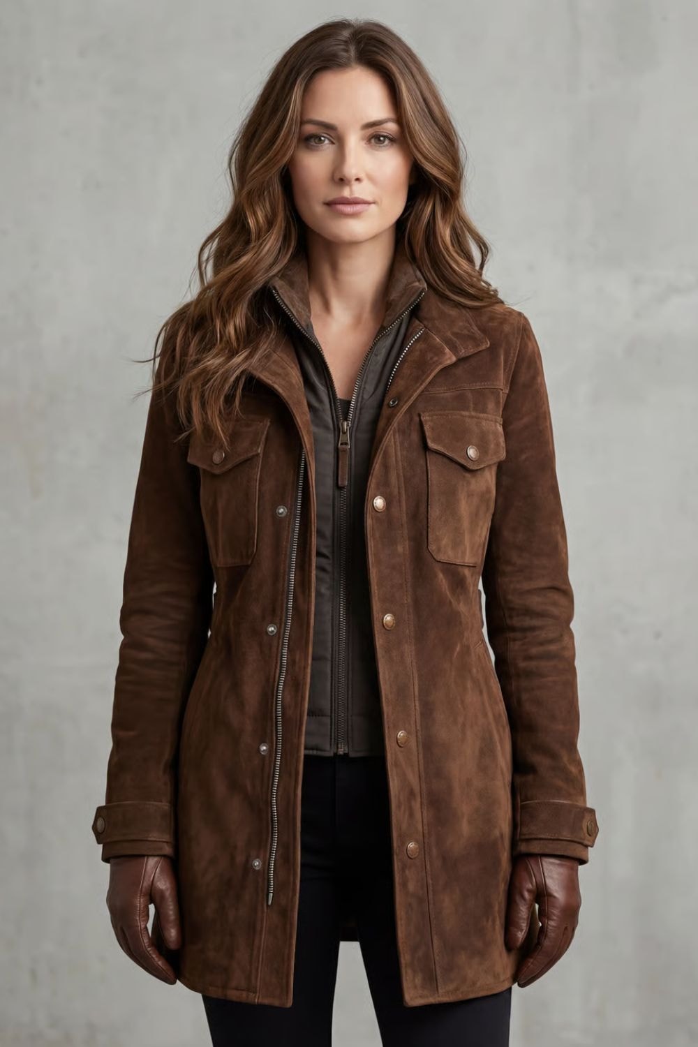 Full front view showing the brown longline coat styled over dark layers, with its high collar and utility chest pockets clearly visible.