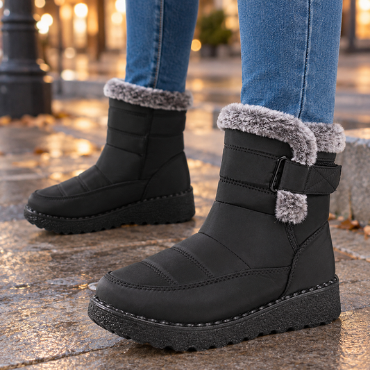 Black platform ankle boots with gray faux-fur cuffs, quilted panels, and side straps shown on wet pavement.