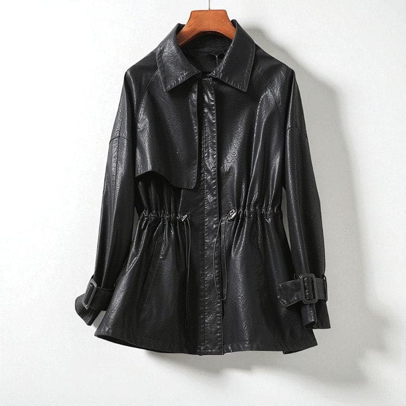 A belted jacket with a structured collar, storm flap, drawstring waist, front zip closure, and cuff straps shown on a hanger._0