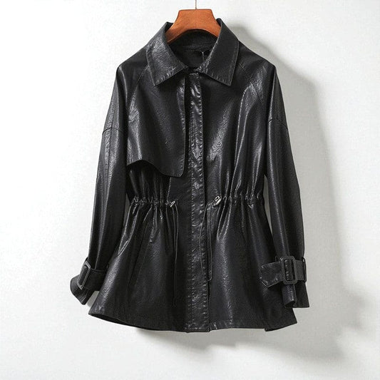A belted jacket with a structured collar, storm flap, drawstring waist, front zip closure, and cuff straps shown on a hanger._0