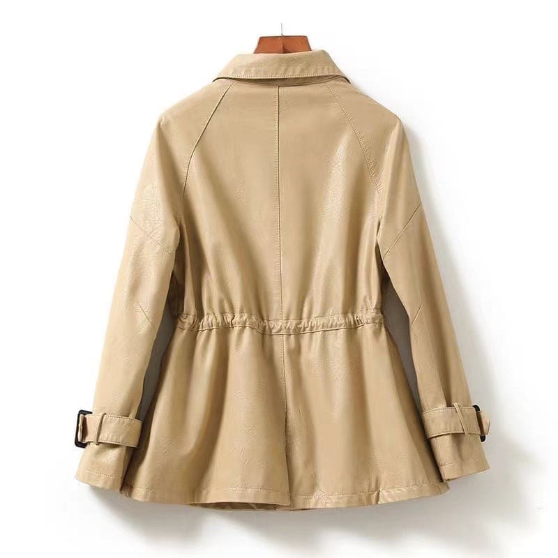 A belted jacket with a structured collar, storm flap, drawstring waist, front zip closure, and cuff straps shown on a hanger._3