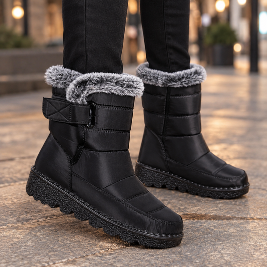 Black mid-calf boots with plush gray collars, wraparound buckle straps, padded panels, and thick treaded soles shown from a front three-quarter view.