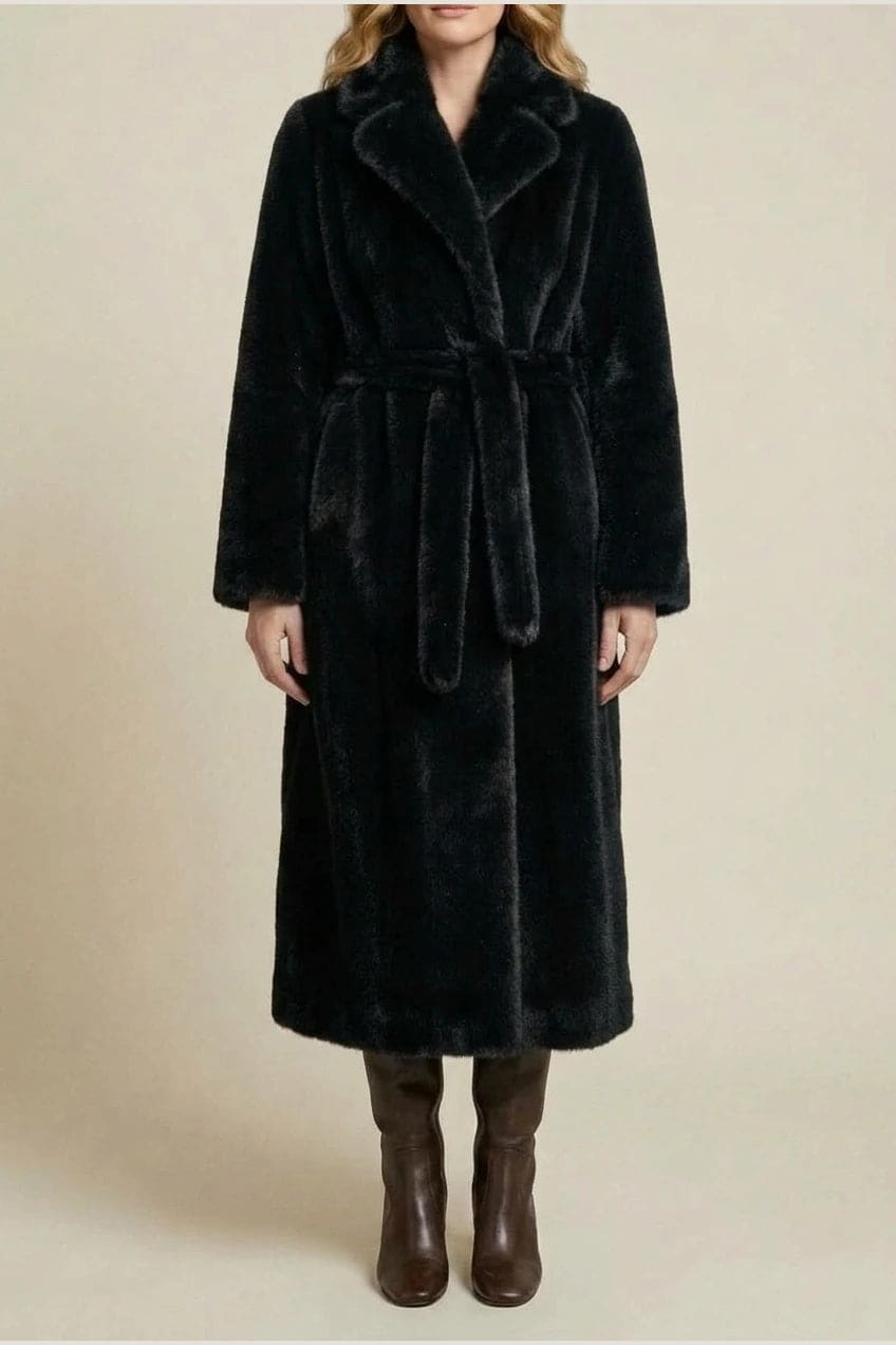 Emma | Longline Faux Fur Belted Coat with Notch Lapel