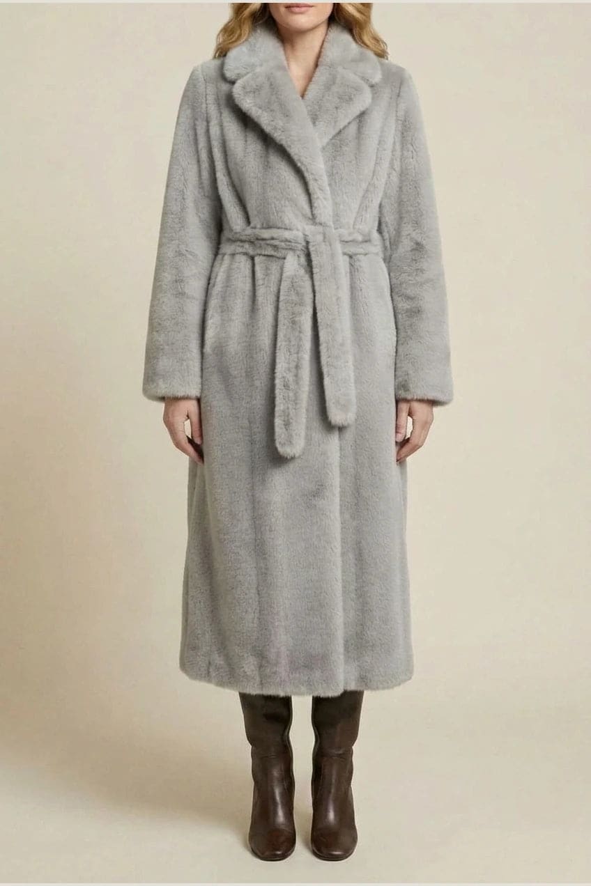 Emma | Longline Faux Fur Belted Coat with Notch Lapel