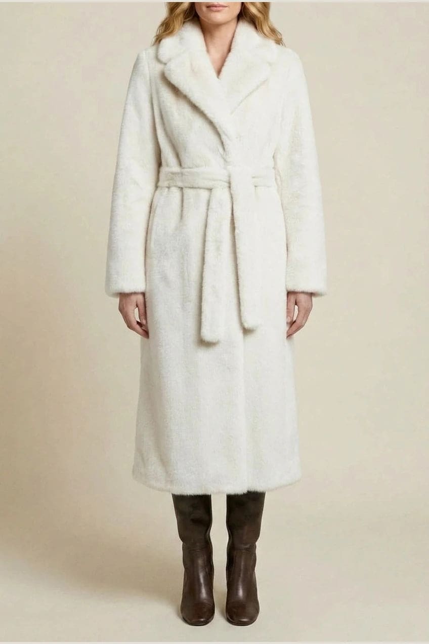 Emma | Longline Faux Fur Belted Coat with Notch Lapel