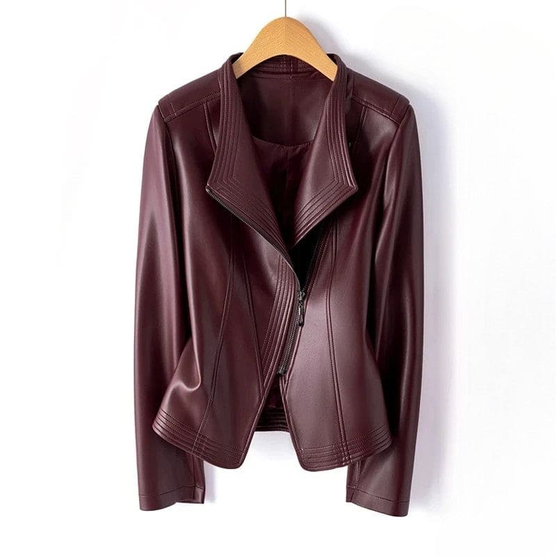 A women's moto-style jacket with a structured collar and asymmetrical front zip displayed on a wooden hanger._0