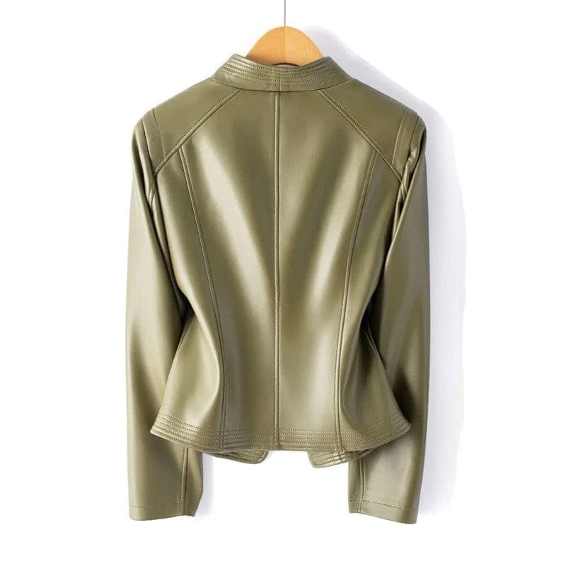 A women's moto-style jacket with a structured collar and asymmetrical front zip displayed on a wooden hanger._2