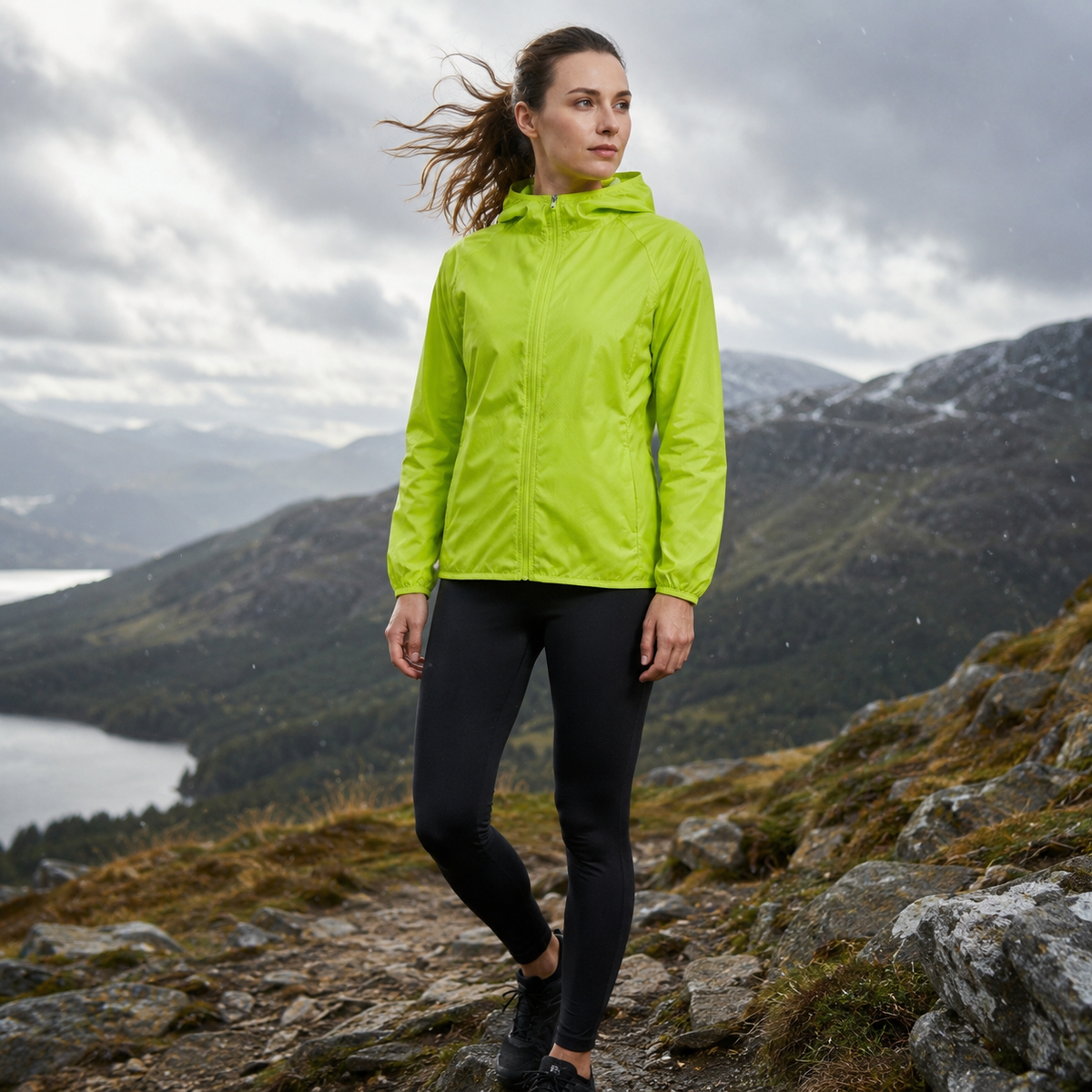 A woman wearing a hooded zip front cycling jacket while standing on a rocky mountain trail._0
