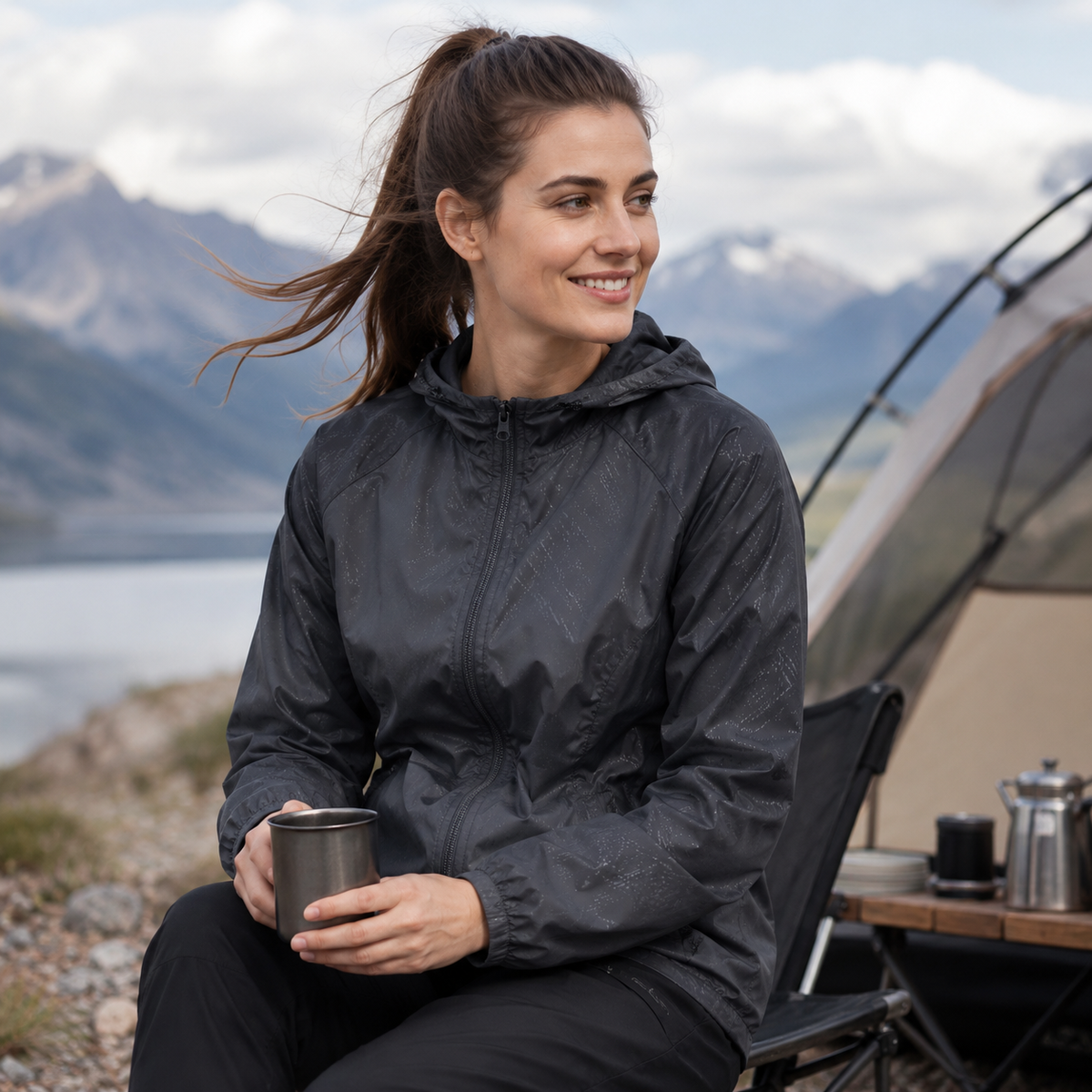 A woman wearing a hooded zip front cycling jacket while standing on a rocky mountain trail._21