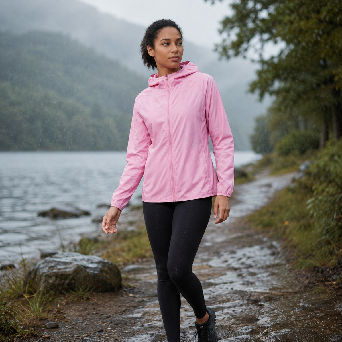 A woman wearing a hooded zip front cycling jacket while standing on a rocky mountain trail._23