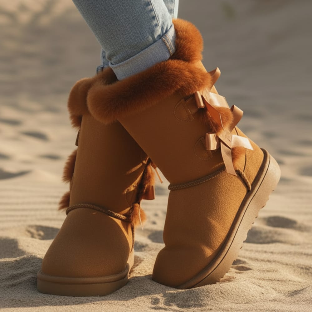 Woman wearing mid calf boots with bow detailing on the back, standing on sand._0