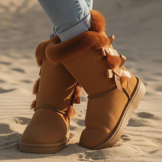 Woman wearing mid calf boots with bow detailing on the back, standing on sand._0