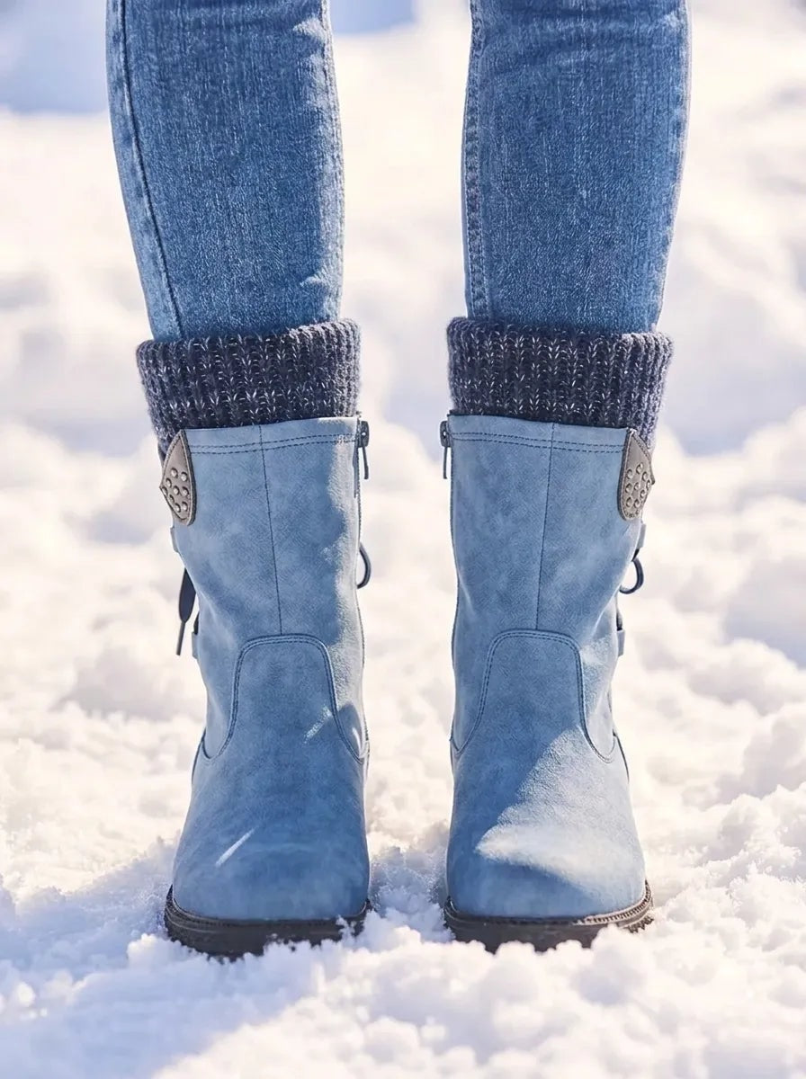 Pair of light blue mid-calf winter boots standing in snow, worn with jeans and dark knitted cuffs.