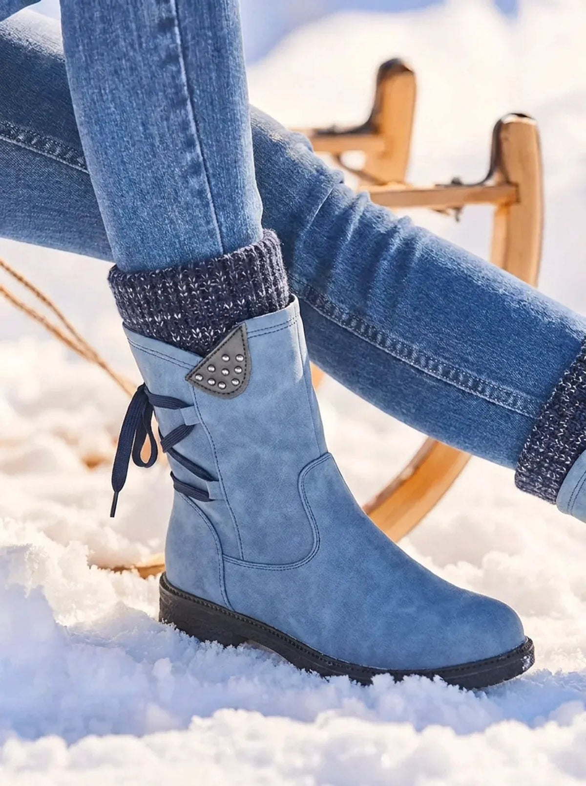 Close side profile of a light blue mid-calf boot resting in snow, showing the knitted cuff, side zip and stitched panels.
